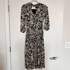 ba&sh Black and Beige Floral Midi Dress